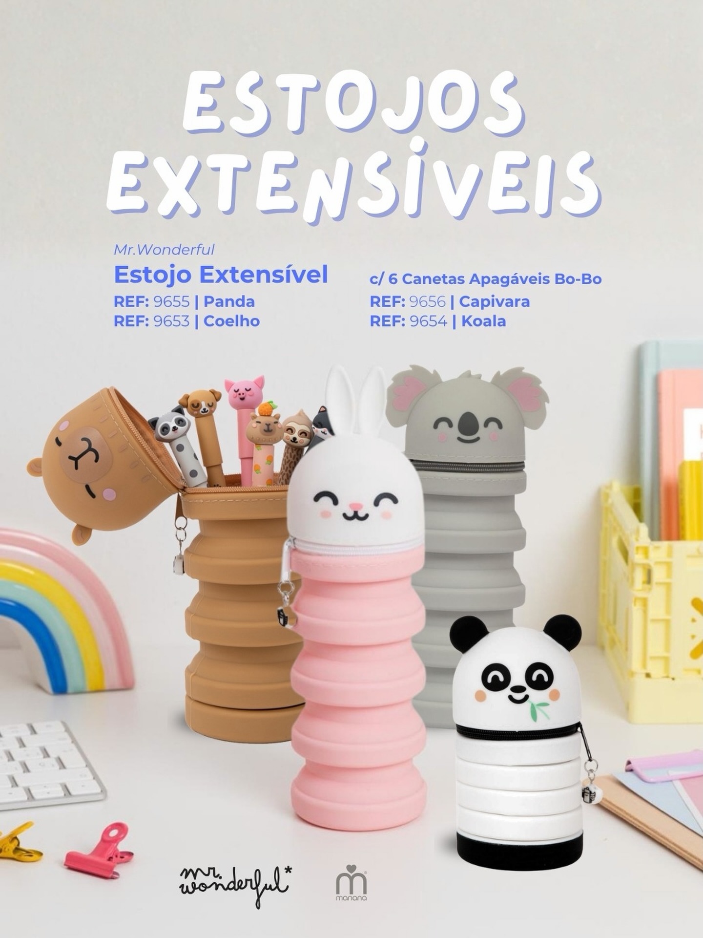 🖊️✨ Um estojo que cresce com a criatividade!

Os Estojos Extensíveis Mr. Wonderful juntam praticidade e diversão num só acessório. 🐼🐨🐰🦫 Com um simples gesto, podem ser expandidos para ter mais espaço e organizar facilmente todas as canetas, lápis e materiais de escrita.

E há ainda modelos que incluem 6 Canetas Apagáveis Bo-Bo, para dar ainda mais cor aos dias de escola. 💙

Disponíveis nos adoráveis modelos Panda, Coelho, Capivara e Koala.

👉 Escolhe o teu favorito e leva mais espaço para a criatividade!

Disponível na loja física ou em www.manana.pt
.
.
.
#Manana #MrWonderful #EstojosExtensíveis #RegressoÀsAulas #BackToSchool