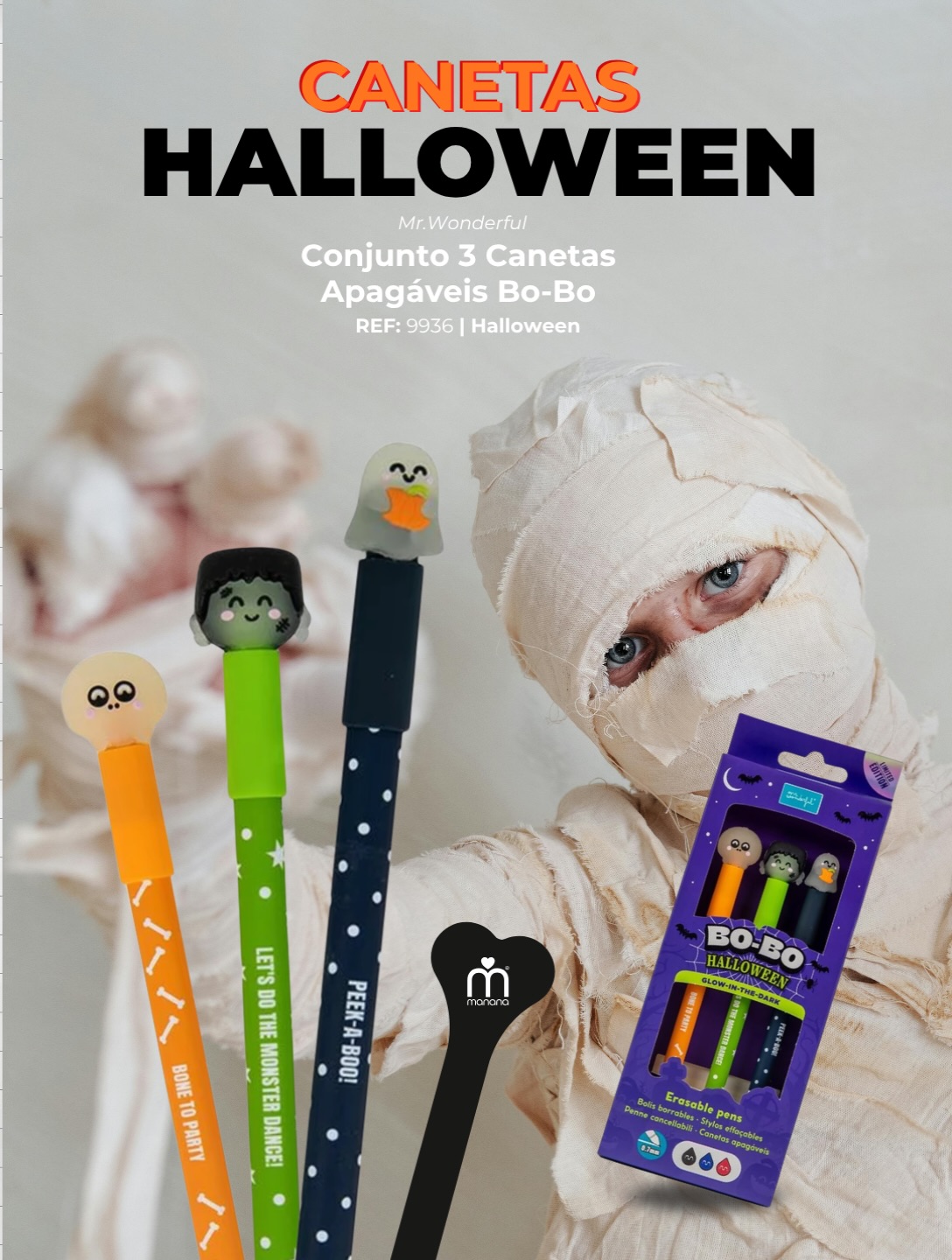 🎃👻 Este Halloween, até os monstros gostam de escrever!

O Halloween está aí à porta e as canetas apagáveis BO-BO da Mr. Wonderful chegaram à Manana numa edição assustadoramente divertida!

Um conjunto de 3 canetas com personagens de Halloween, cores vibrantes e um detalhe especial: brilham no escuro! ✨

Perfeitas para escrever, apagar e voltar a escrever, sem medo de cometer pequenos erros. 💚

🦇 Porque neste Halloween os únicos sustos devem ser os divertidos!

👉 Descubra o conjunto de canetas apagáveis BO-BO Halloween da Mr. Wonderful na Manana e dê um toque monstruosamente original à papelaria!
.
.
.
#Manana #MrWonderful #CanetasBOBO #Halloween2026 #PapelariaCriativa