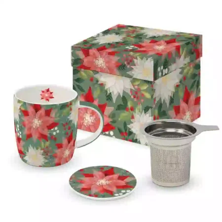 Caneca PPD com Caixa e Passador Chá Merry Poinsettia